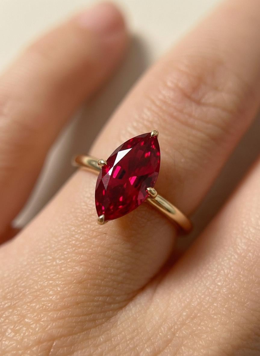 Marquise Ruby Solitaire Engagement Ring Rich Red Gemstone Ring 6 Prong Setting Custom Promise Ring July Birthstone