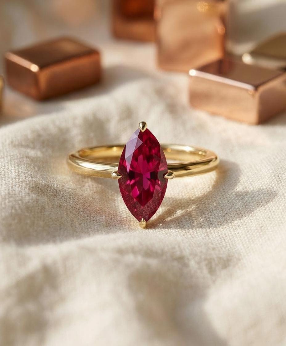 Marquise Ruby Solitaire Engagement Ring Rich Red Gemstone Ring 6 Prong Setting Custom Promise Ring July Birthstone