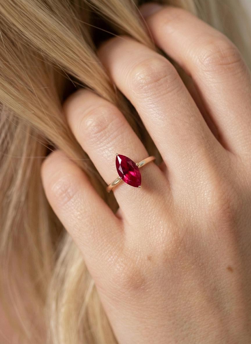 Marquise Ruby Solitaire Engagement Ring Rich Red Gemstone Ring 6 Prong Setting Custom Promise Ring July Birthstone