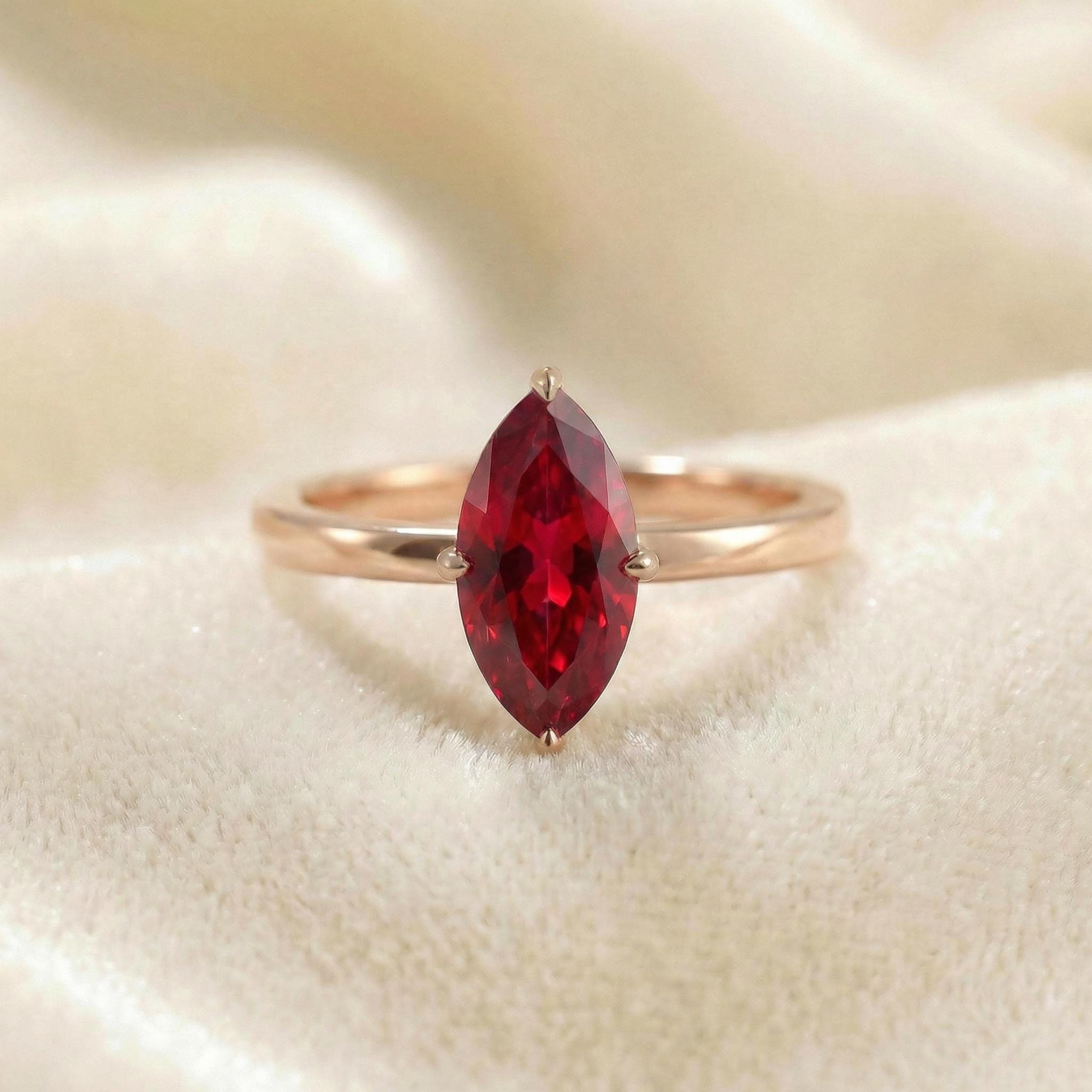 Marquise Ruby Solitaire Engagement Ring Rich Red Gemstone Ring 6 Prong Setting Custom Promise Ring July Birthstone