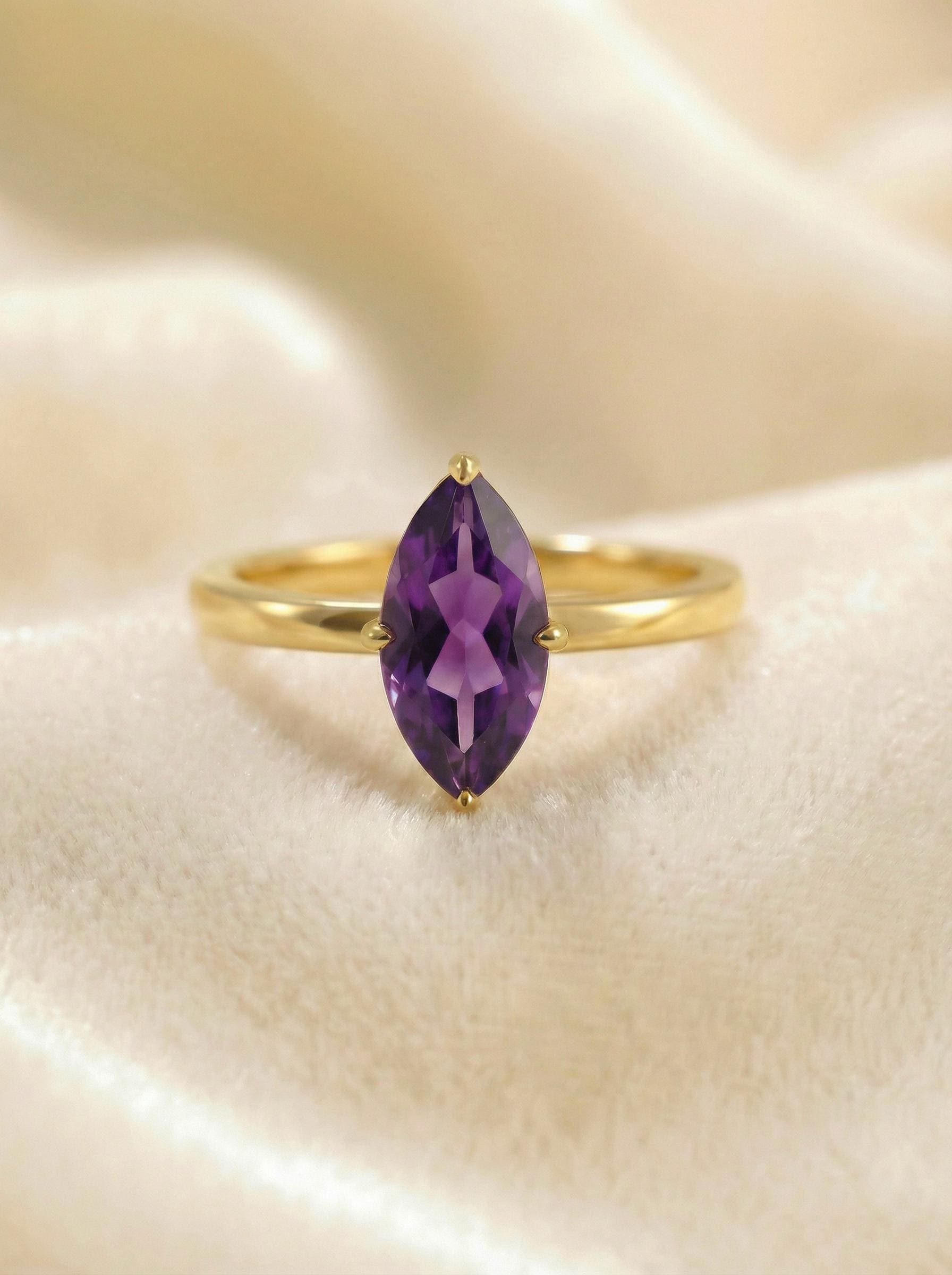Marquise Amethyst Engagement Ring, February Birthstone Solitaire Ring, Purple Gemstone Promise Ring, Anniversary Gift for Her