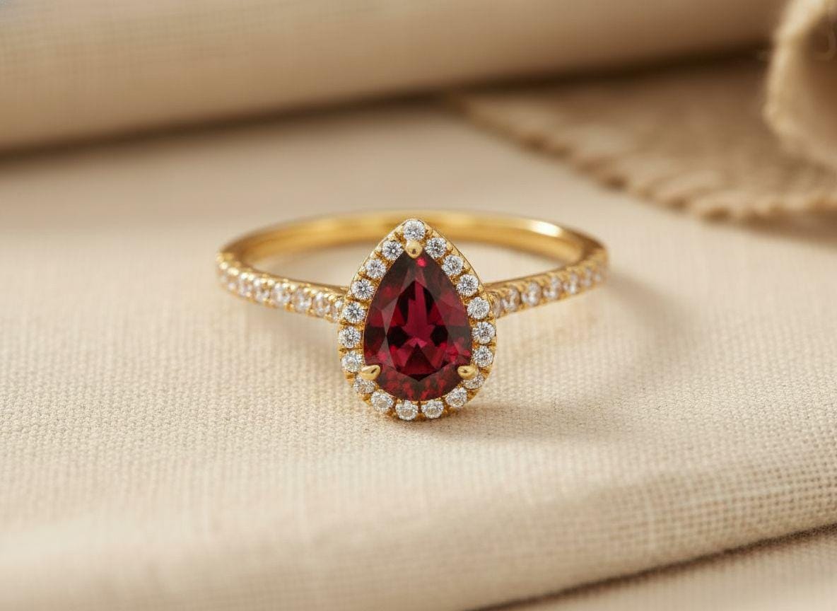 Birthstone Garnet Ring Pear Shaped Halo Engagement Ring Deep Red Gemstone