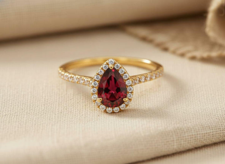 Birthstone Garnet Ring Pear Shaped Halo Engagement Ring Deep Red Gemstone