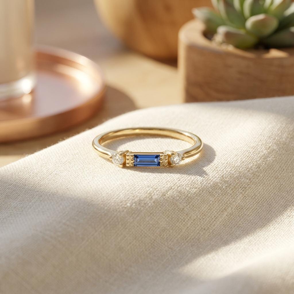 Baguette Sapphire Ring / September Birthstone / Stacking Sapphire and Diamond Ring / Minimalist Ring / In Stock