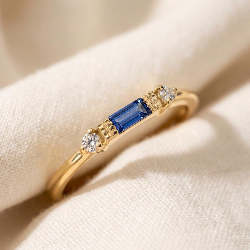 Baguette Sapphire Ring / September Birthstone / Stacking Sapphire and Diamond Ring / Minimalist Ring / In Stock