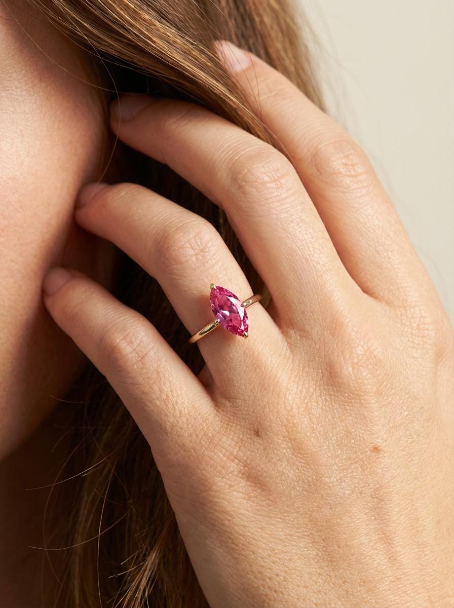 Pink Tourmaline Solitaire Ring Marquise Cut Engagement Ring Vibrant Pink Gemstone October Birthstone Push Present