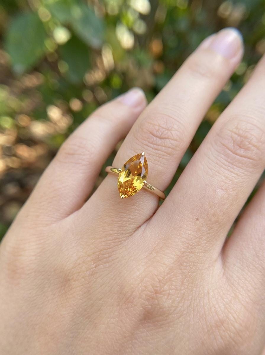 Marquise Citrine Engagement Ring Golden Yellow Solitaire Sterling Silver Promise Ring Minimalist Wedding Jewelry Anniversary Gift for Her