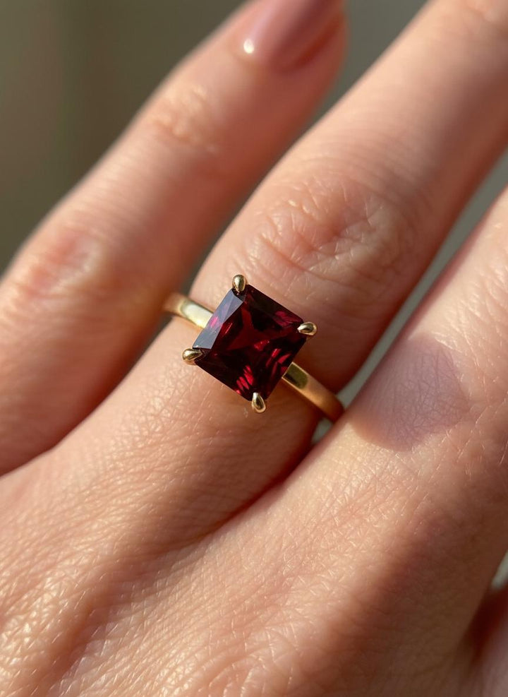 Princess Cut Garnet Engagement Ring, January Birthstone Solitaire Ring, Deep Red Gemstone Promise Ring, Anniversary Gift for Her