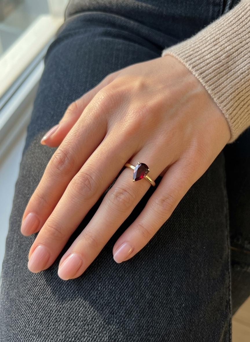 Garnet Birthstone  Ring, Pear Cut Solitaire Engagement Ring, January Gemstone, Teardrop Promise Ring
