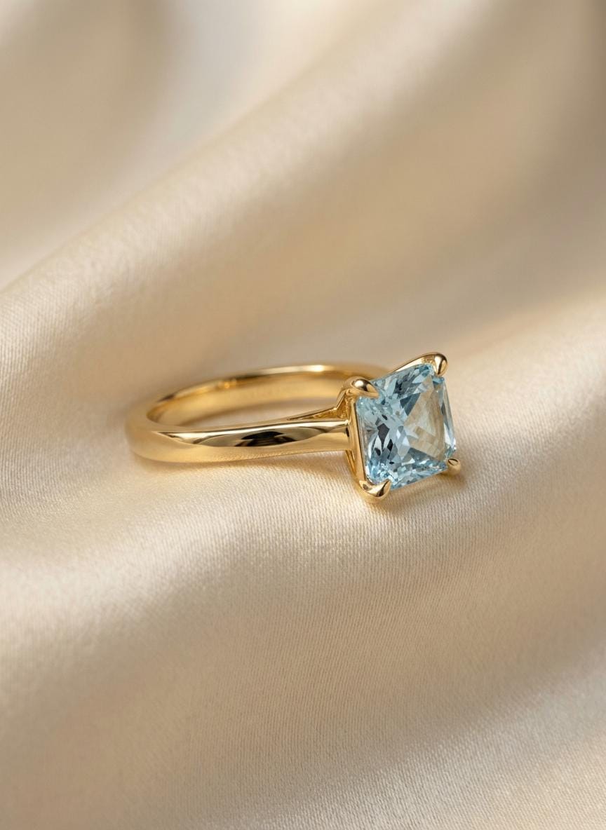 Engagement Gift Princess Cut Aquamarine Ring Solitaire  Gemstone Ring March Birthstone Gift