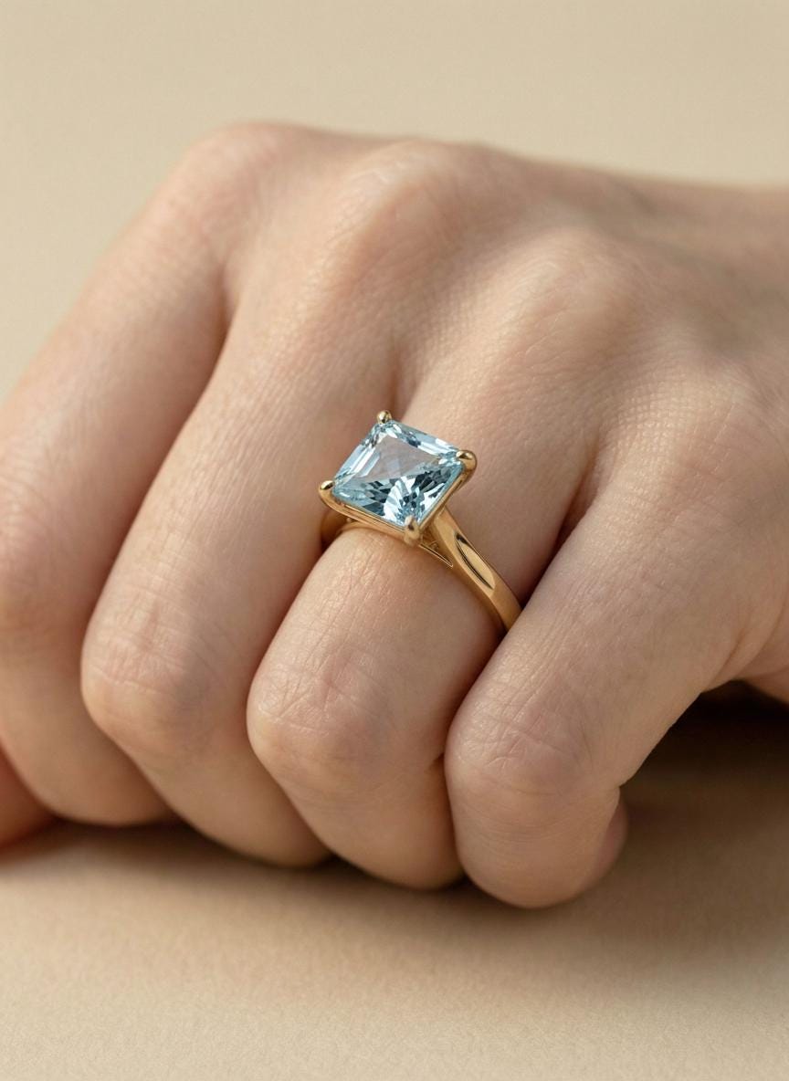 Engagement Gift Princess Cut Aquamarine Ring Solitaire  Gemstone Ring March Birthstone Gift
