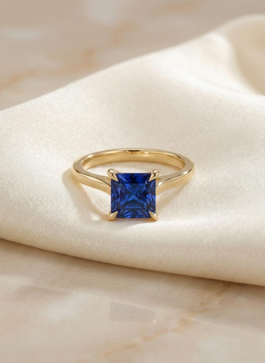 Sapphire Ring, Princess Cut Solitaire Ring, September Birthstone Anniversary Ring, Bridal Promise Ring Gift for Women