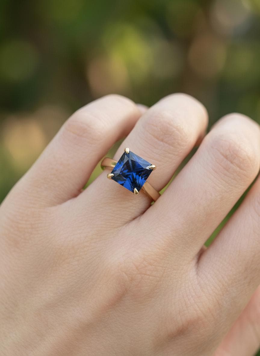 Sapphire Ring, Princess Cut Solitaire Ring, September Birthstone Anniversary Ring, Bridal Promise Ring Gift for Women
