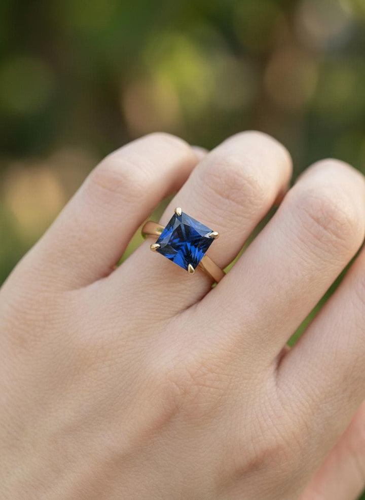 Sapphire Ring, Princess Cut Solitaire Ring, September Birthstone Anniversary Ring, Bridal Promise Ring Gift for Women