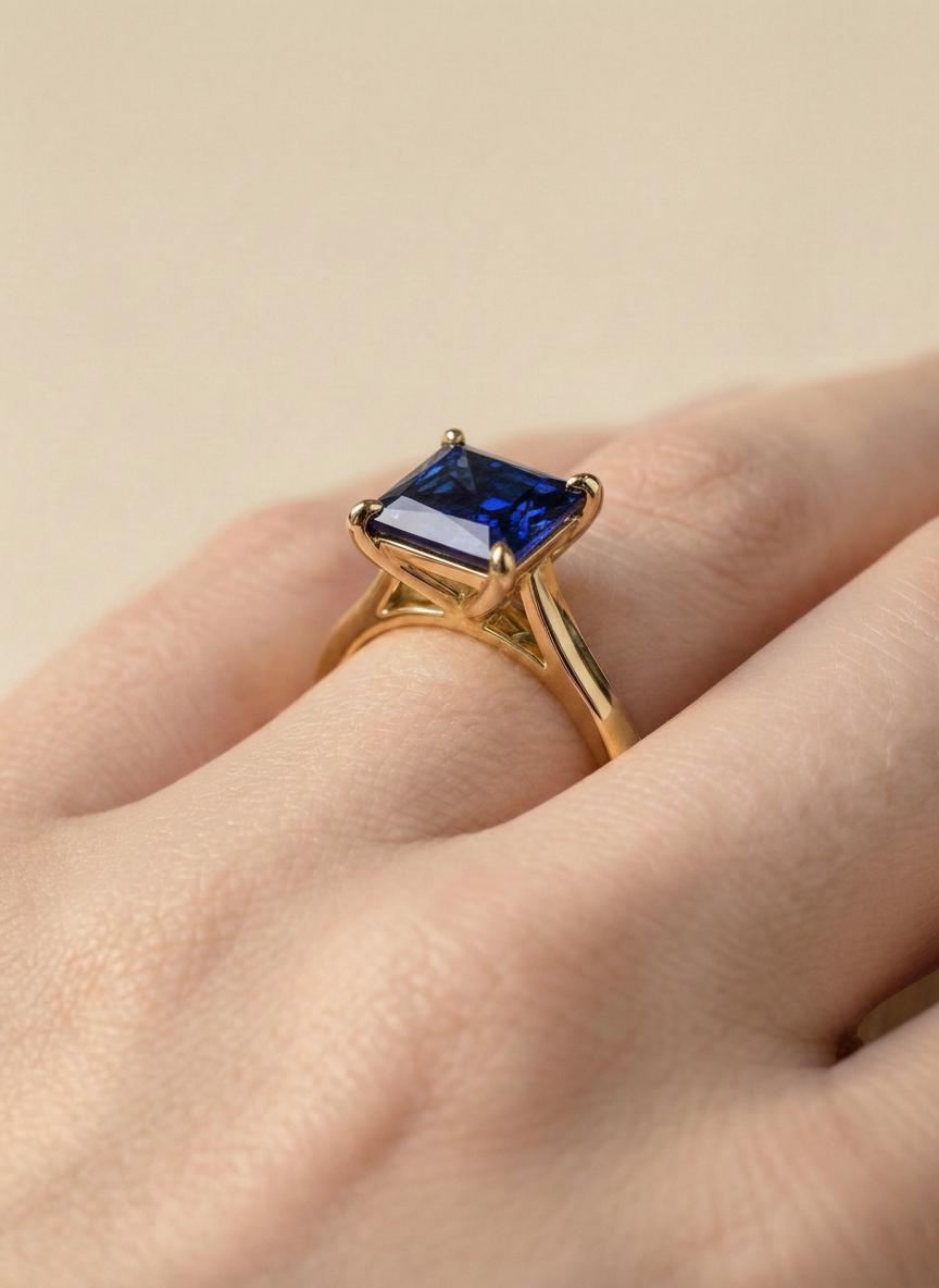 Sapphire Ring, Princess Cut Solitaire Ring, September Birthstone Anniversary Ring, Bridal Promise Ring Gift for Women