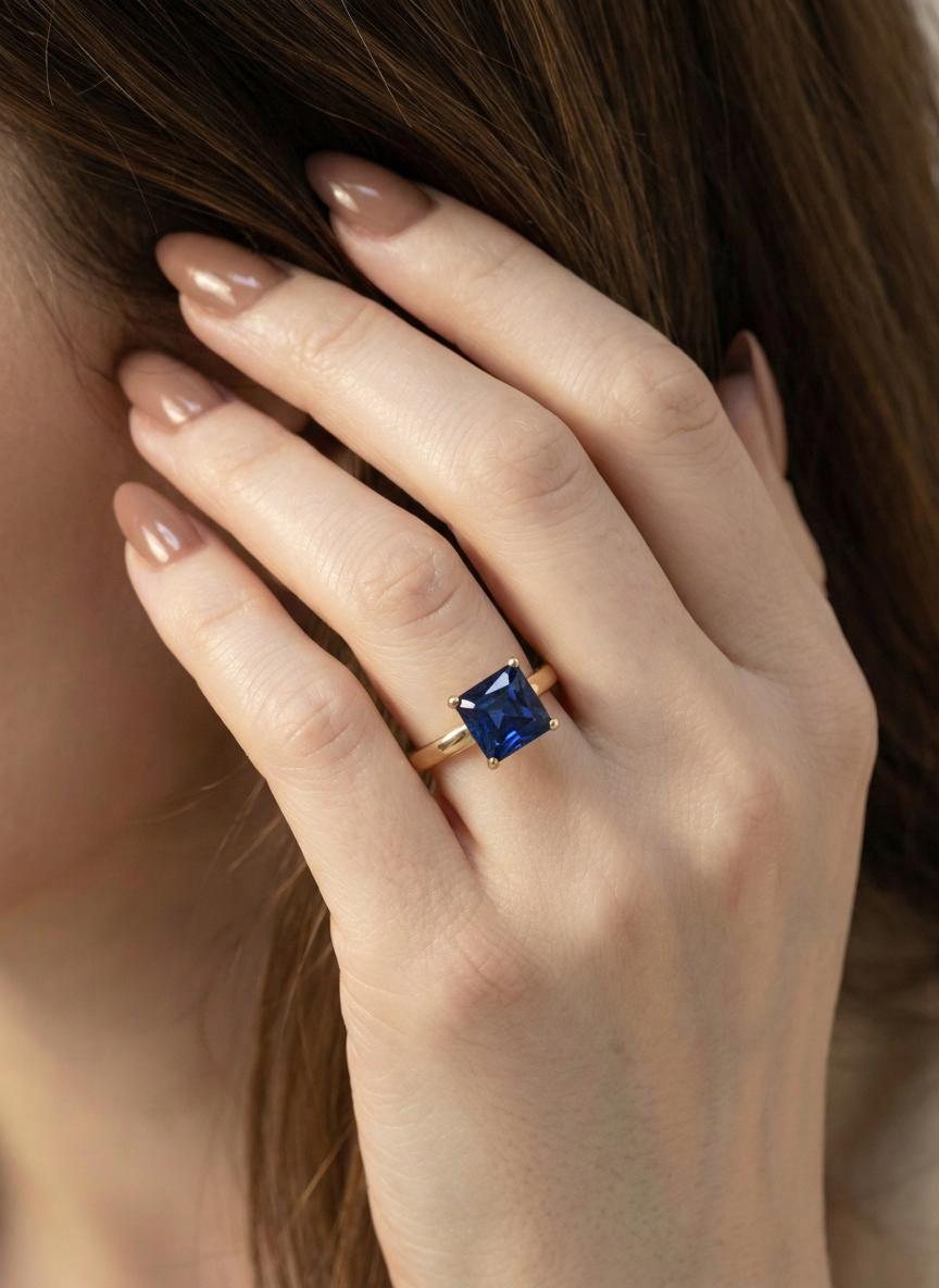 Sapphire Ring, Princess Cut Solitaire Ring, September Birthstone Anniversary Ring, Bridal Promise Ring Gift for Women