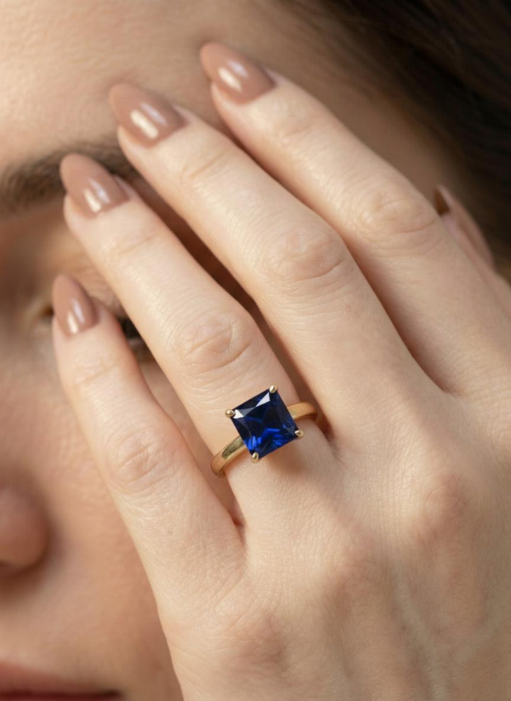 Sapphire Ring, Princess Cut Solitaire Ring, September Birthstone Anniversary Ring, Bridal Promise Ring Gift for Women