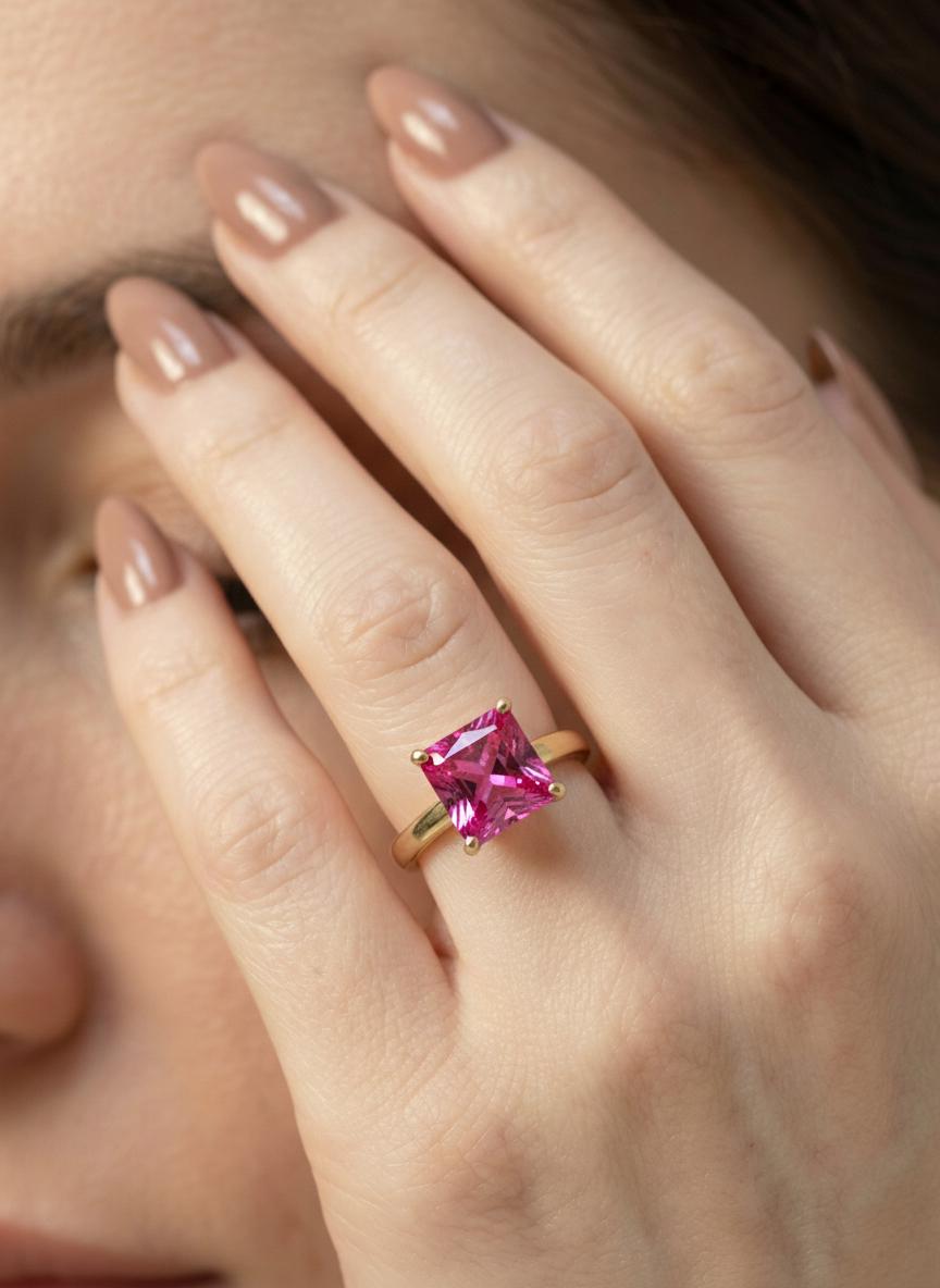 Pink Tourmaline Engagement  Ring Princess Cut Solitaire Ring 4ct Statement Ring October Birthstone Jewelry
