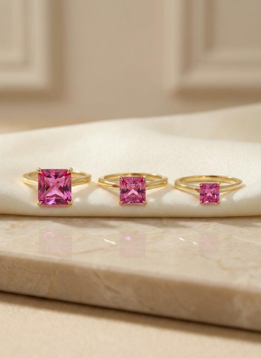 Pink Tourmaline Engagement  Ring Princess Cut Solitaire Ring 4ct Statement Ring October Birthstone Jewelry