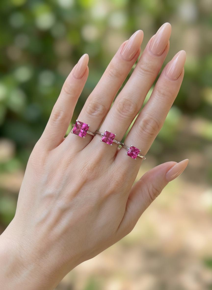 Pink Tourmaline Engagement  Ring Princess Cut Solitaire Ring 4ct Statement Ring October Birthstone Jewelry