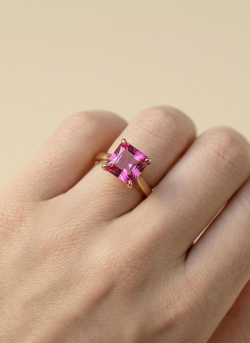 Pink Tourmaline Engagement  Ring Princess Cut Solitaire Ring 4ct Statement Ring October Birthstone Jewelry