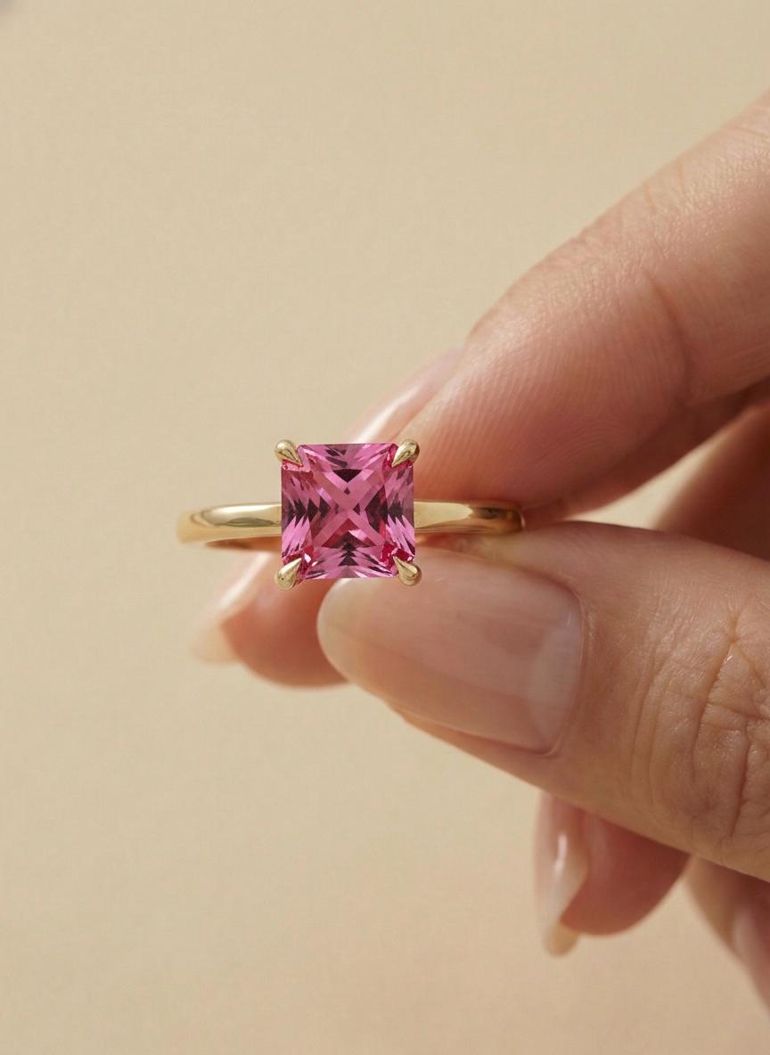 Pink Tourmaline Engagement  Ring Princess Cut Solitaire Ring 4ct Statement Ring October Birthstone Jewelry