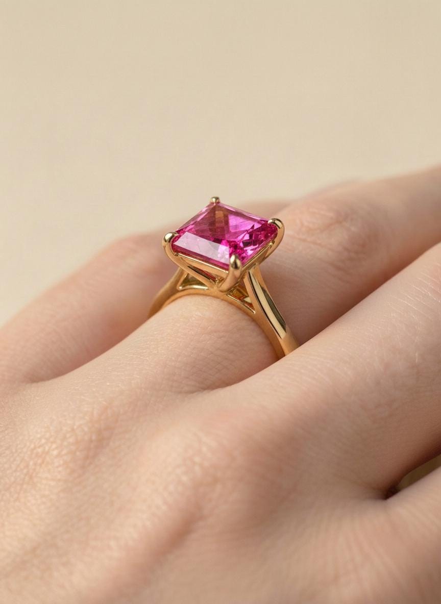 Pink Tourmaline Engagement  Ring Princess Cut Solitaire Ring 4ct Statement Ring October Birthstone Jewelry