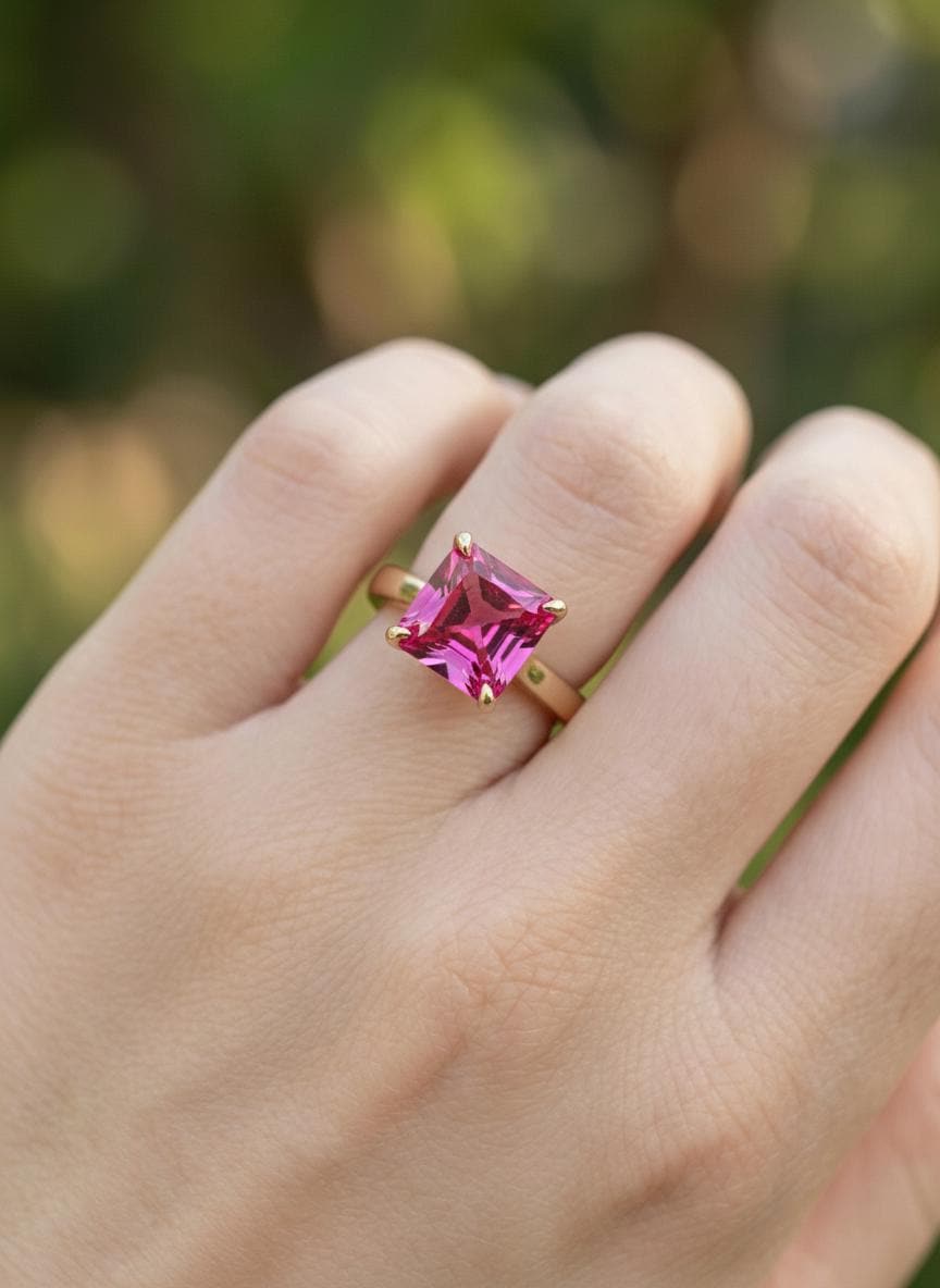 Pink Tourmaline Engagement  Ring Princess Cut Solitaire Ring 4ct Statement Ring October Birthstone Jewelry