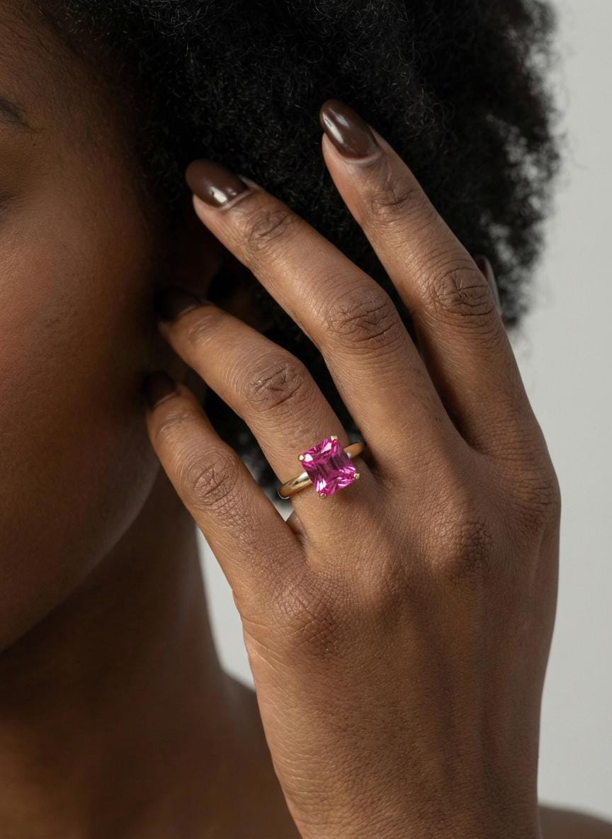 Pink Tourmaline Engagement  Ring Princess Cut Solitaire Ring 4ct Statement Ring October Birthstone Jewelry