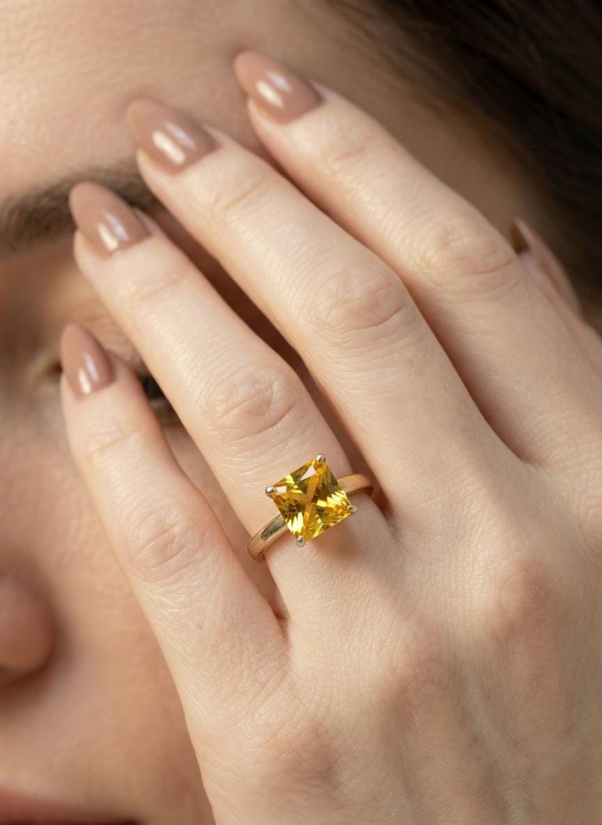 Princess Cut Citrine Engagement Ring, November Birthstone Solitaire Ring, Dainty Yellow Gemstone Promise Ring, Bridal Jewelry