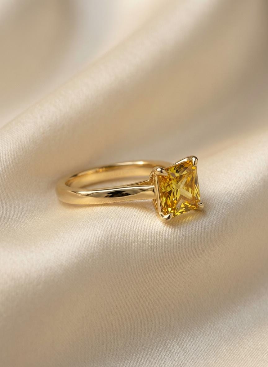 Princess Cut Citrine Engagement Ring, November Birthstone Solitaire Ring, Dainty Yellow Gemstone Promise Ring, Bridal Jewelry