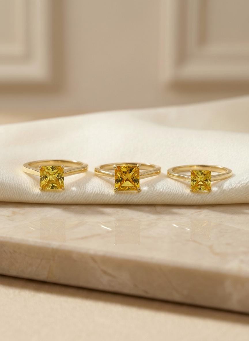 Princess Cut Citrine Engagement Ring, November Birthstone Solitaire Ring, Dainty Yellow Gemstone Promise Ring, Bridal Jewelry