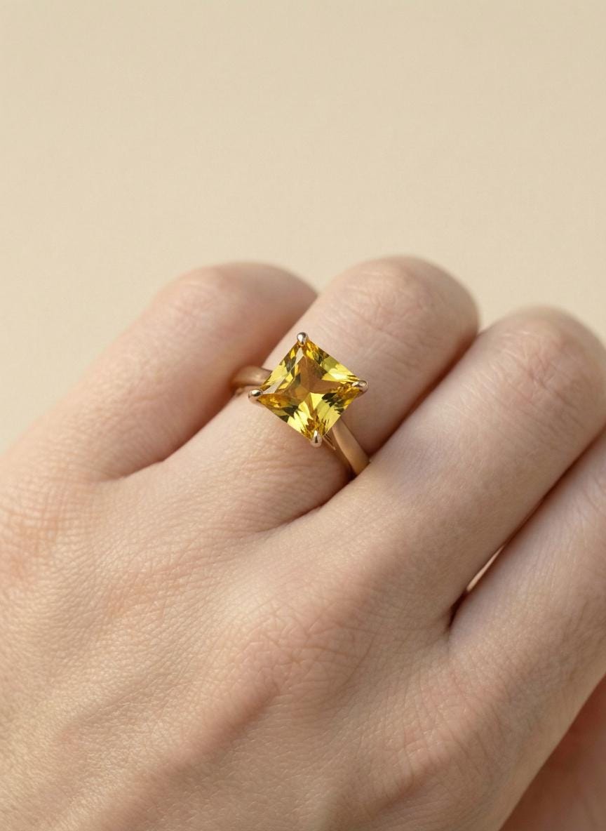 Princess Cut Citrine Engagement Ring, November Birthstone Solitaire Ring, Dainty Yellow Gemstone Promise Ring, Bridal Jewelry