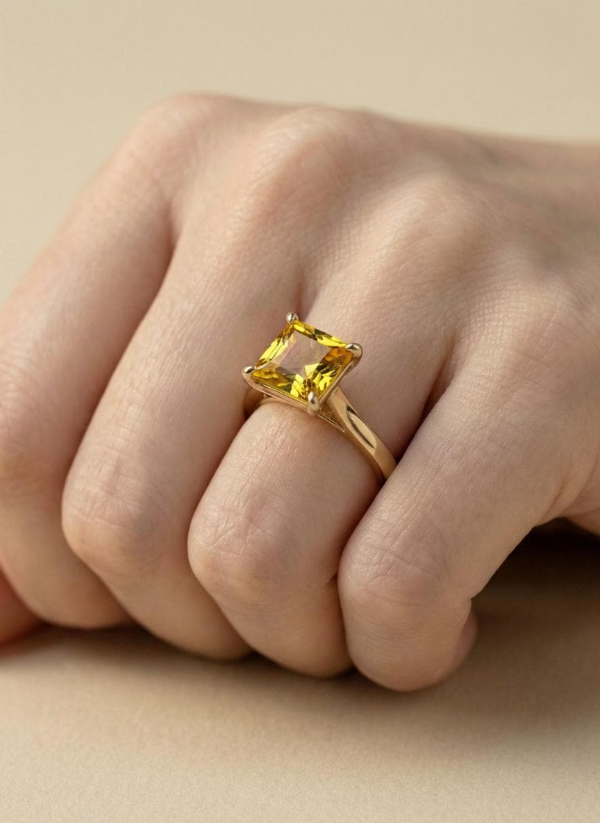 Princess Cut Citrine Engagement Ring, November Birthstone Solitaire Ring, Dainty Yellow Gemstone Promise Ring, Bridal Jewelry