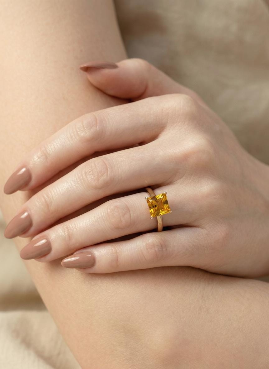 Princess Cut Citrine Engagement Ring, November Birthstone Solitaire Ring, Dainty Yellow Gemstone Promise Ring, Bridal Jewelry
