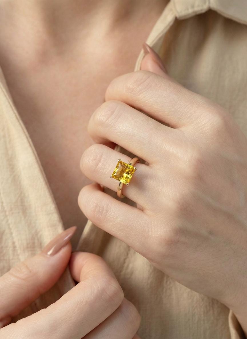 Princess Cut Citrine Engagement Ring, November Birthstone Solitaire Ring, Dainty Yellow Gemstone Promise Ring, Bridal Jewelry