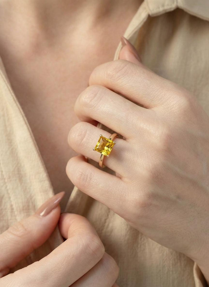 Princess Cut Citrine Engagement Ring, November Birthstone Solitaire Ring, Dainty Yellow Gemstone Promise Ring, Bridal Jewelry