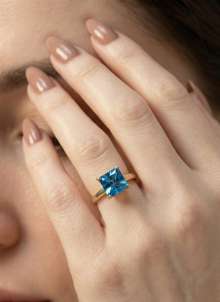 Blue Zircon Engagement Ring Princess Cut Solitaire December Birthstone Ring Minimalist Bridal Jewelry Custom Band
