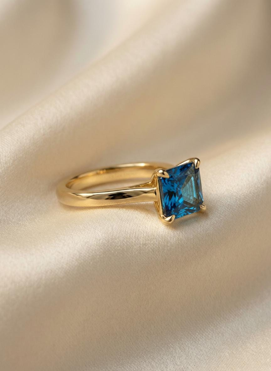 Blue Zircon Engagement Ring Princess Cut Solitaire December Birthstone Ring Minimalist Bridal Jewelry Custom Band