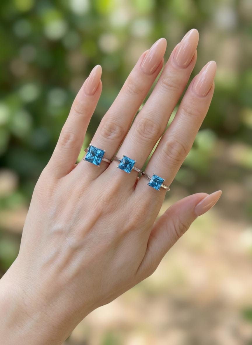 Blue Zircon Engagement Ring Princess Cut Solitaire December Birthstone Ring Minimalist Bridal Jewelry Custom Band