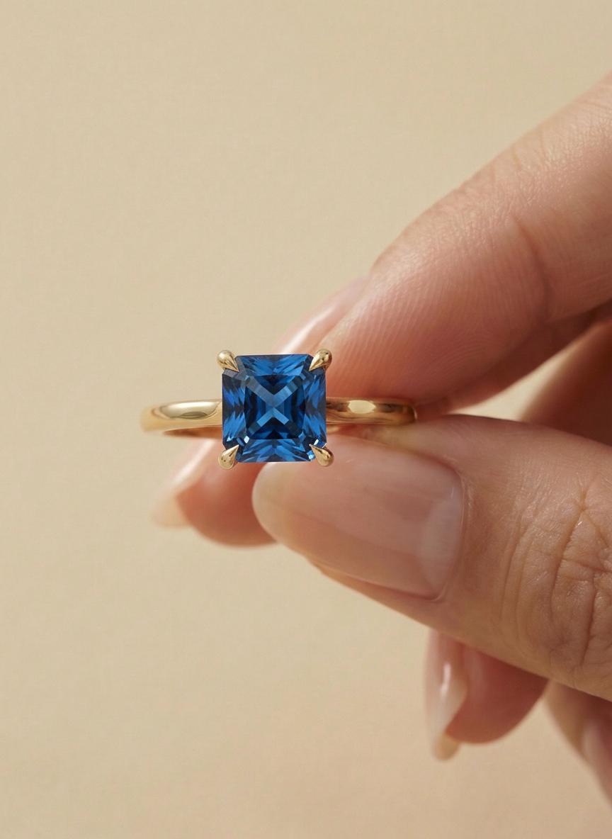 Blue Zircon Engagement Ring Princess Cut Solitaire December Birthstone Ring Minimalist Bridal Jewelry Custom Band