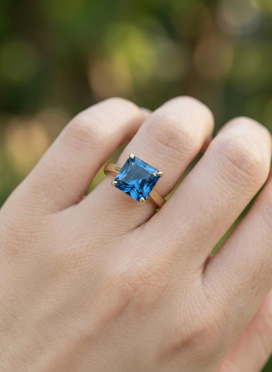 Blue Zircon Engagement Ring Princess Cut Solitaire December Birthstone Ring Minimalist Bridal Jewelry Custom Band