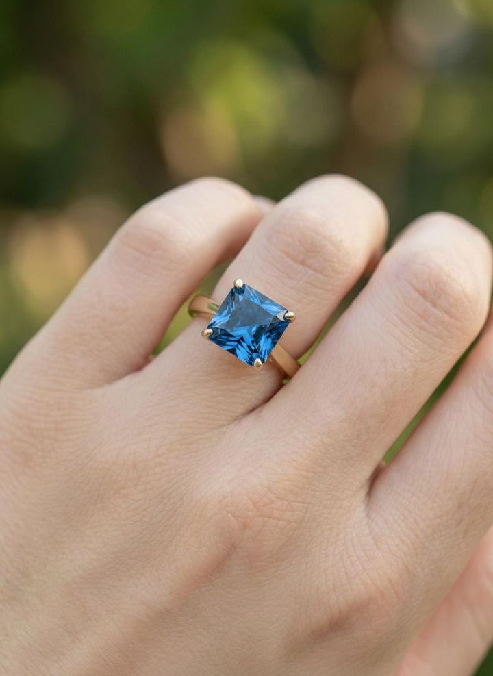 Blue Zircon Engagement Ring Princess Cut Solitaire December Birthstone Ring Minimalist Bridal Jewelry Custom Band