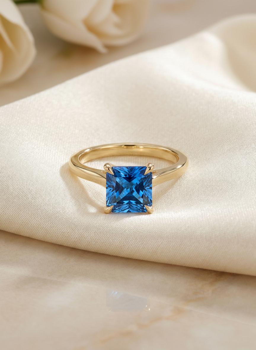 Blue Zircon Engagement Ring Princess Cut Solitaire December Birthstone Ring Minimalist Bridal Jewelry Custom Band