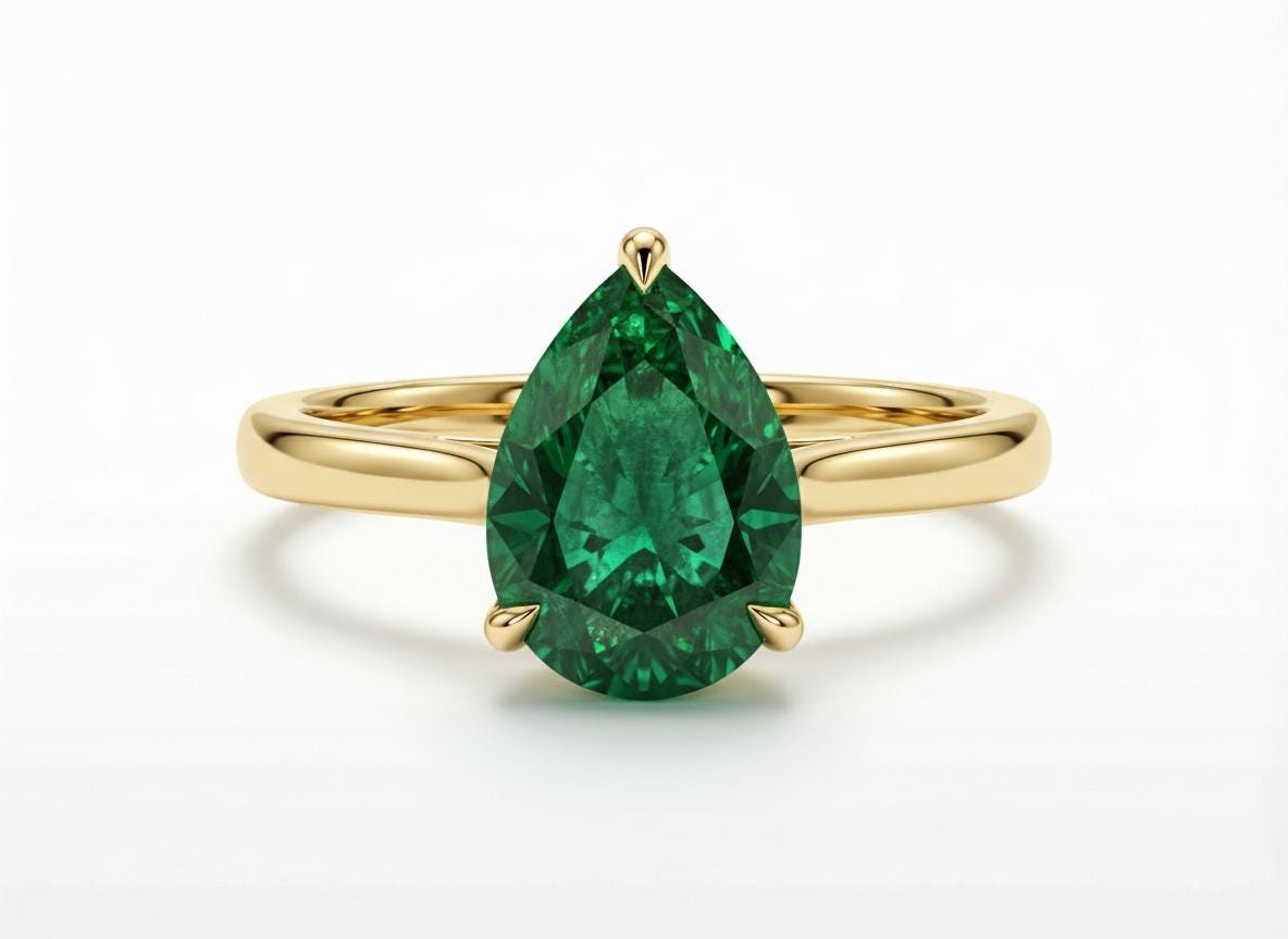 Emerald Birthstone  Ring, Pear Cut Solitaire Engagement Ring, May Gemstone, Teardrop Promise Ring