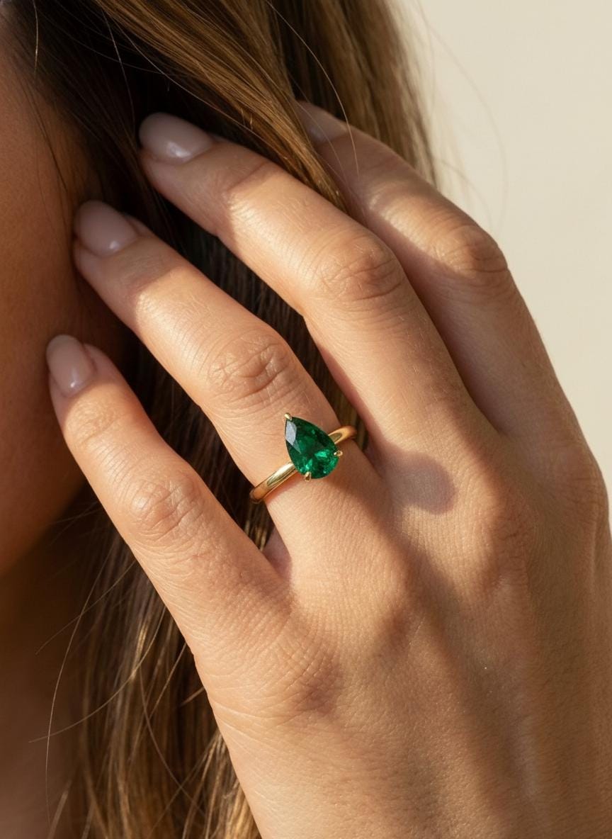 Emerald Birthstone  Ring, Pear Cut Solitaire Engagement Ring, May Gemstone, Teardrop Promise Ring