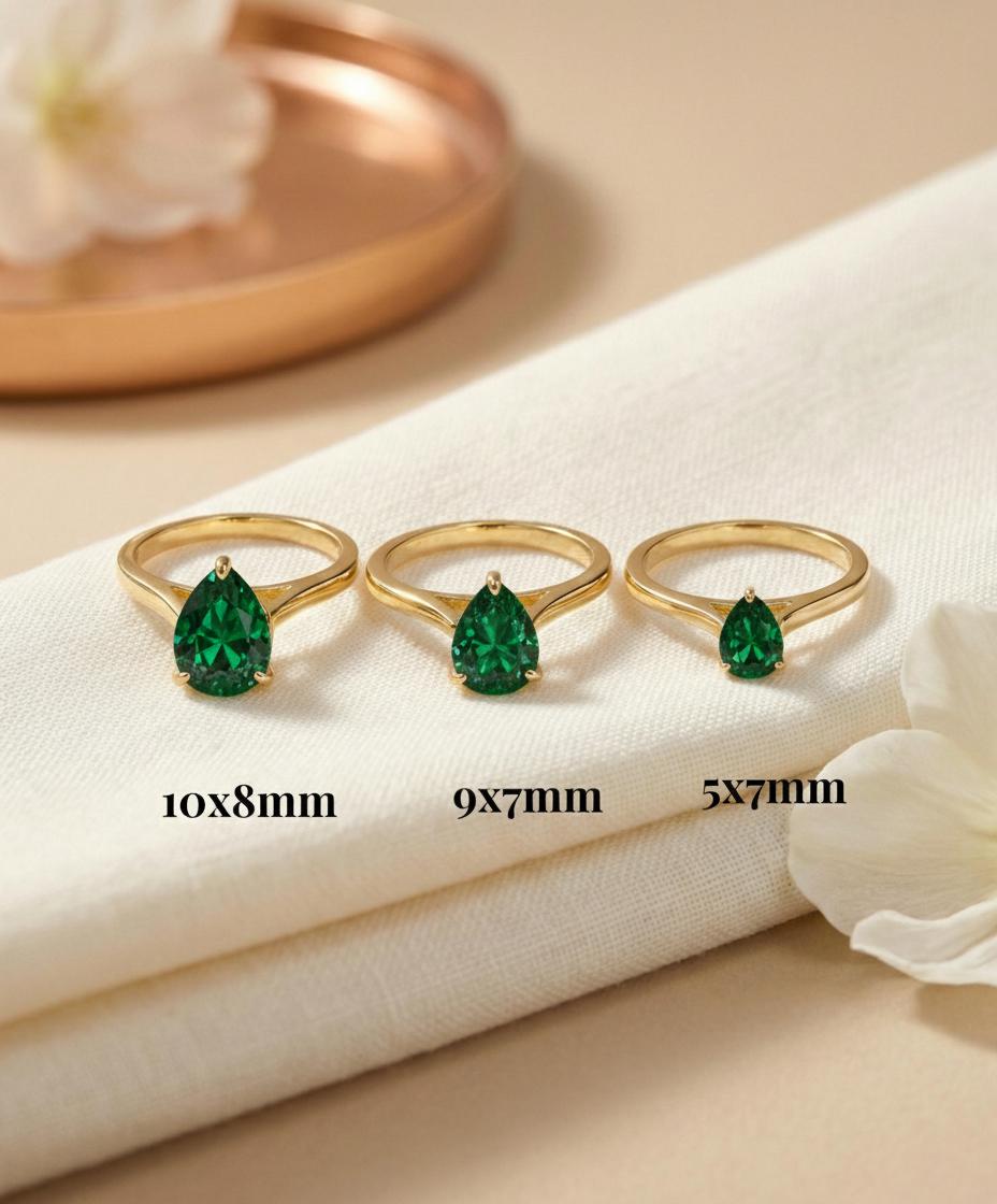 Emerald Birthstone  Ring, Pear Cut Solitaire Engagement Ring, May Gemstone, Teardrop Promise Ring