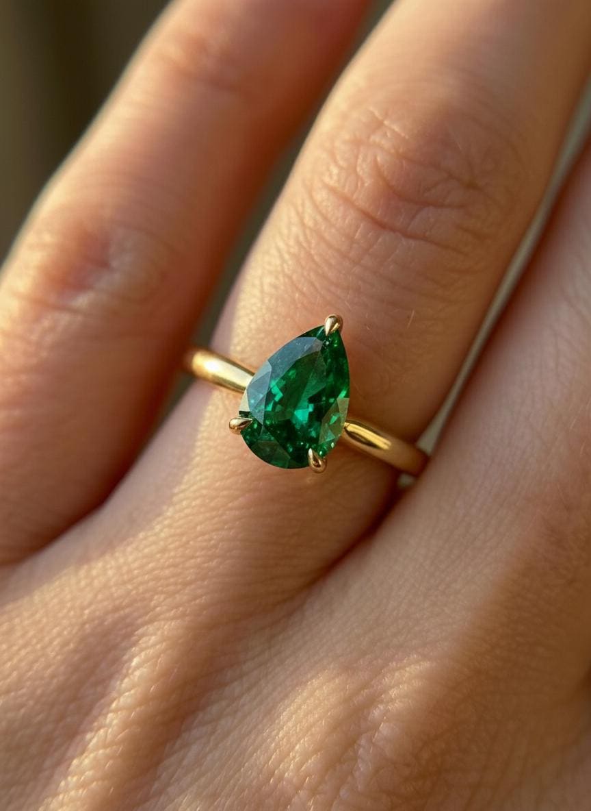 Emerald Birthstone  Ring, Pear Cut Solitaire Engagement Ring, May Gemstone, Teardrop Promise Ring