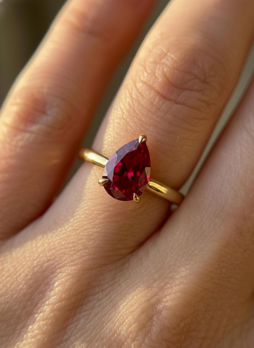 Ruby Birthstone  Ring, Pear Cut Solitaire Engagement Ring, July Gemstone, Teardrop Promise Ring