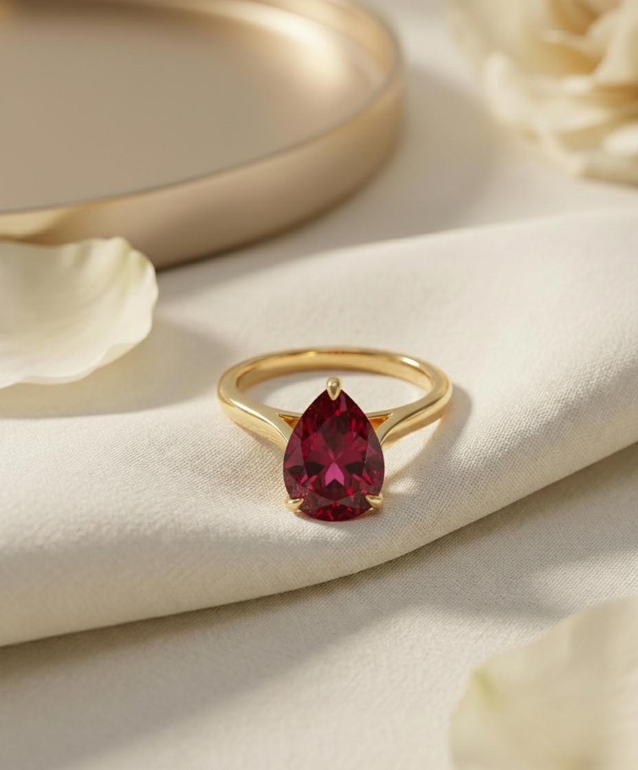 Ruby Birthstone  Ring, Pear Cut Solitaire Engagement Ring, July Gemstone, Teardrop Promise Ring